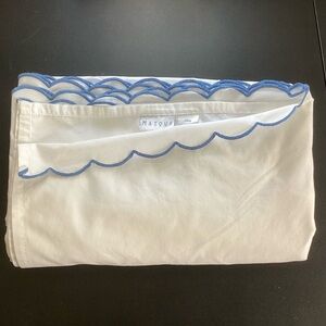 Matouk White King Size Flat Sheet with Blue Scalloped Trim USA